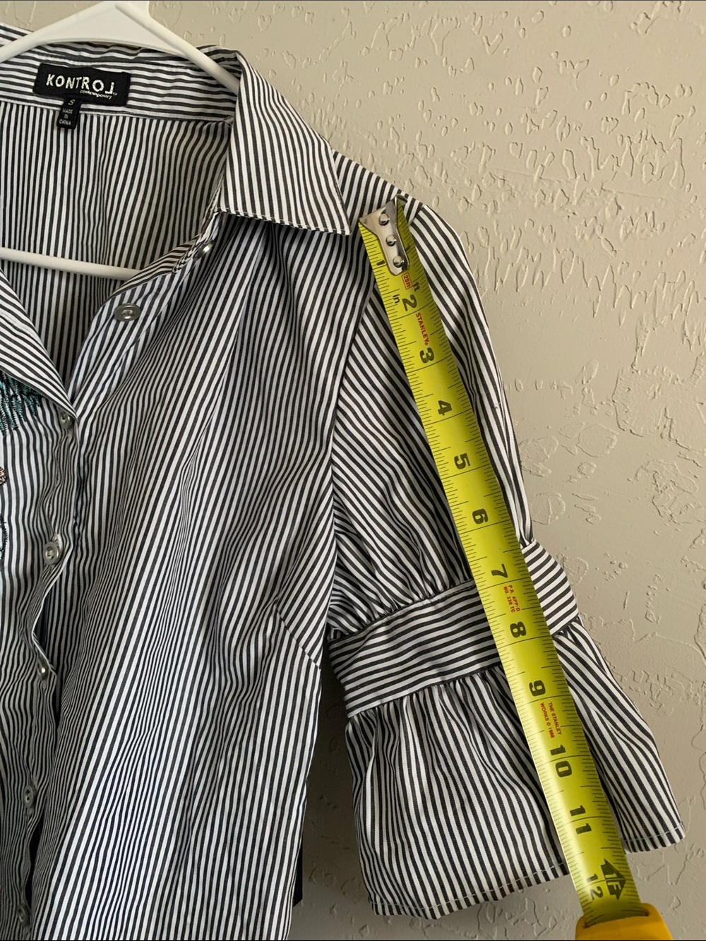 Kontrol Grey & White Striped Button Down Shirt with Floral Embroidery - Picture 9 of 11